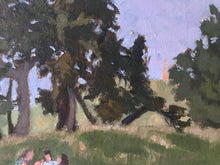 Load image into Gallery viewer, Hampstead Heath afternoon pic nic. Trees on the hill, with figures sitting in the park grass. Original painting on board plein air painting
