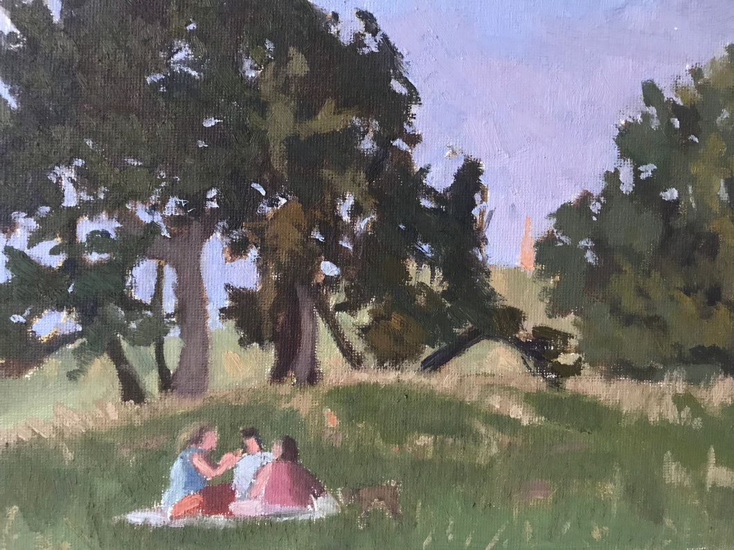 Hampstead Heath afternoon pic nic. Trees on the hill, with figures sitting in the park grass. Original painting on board plein air painting