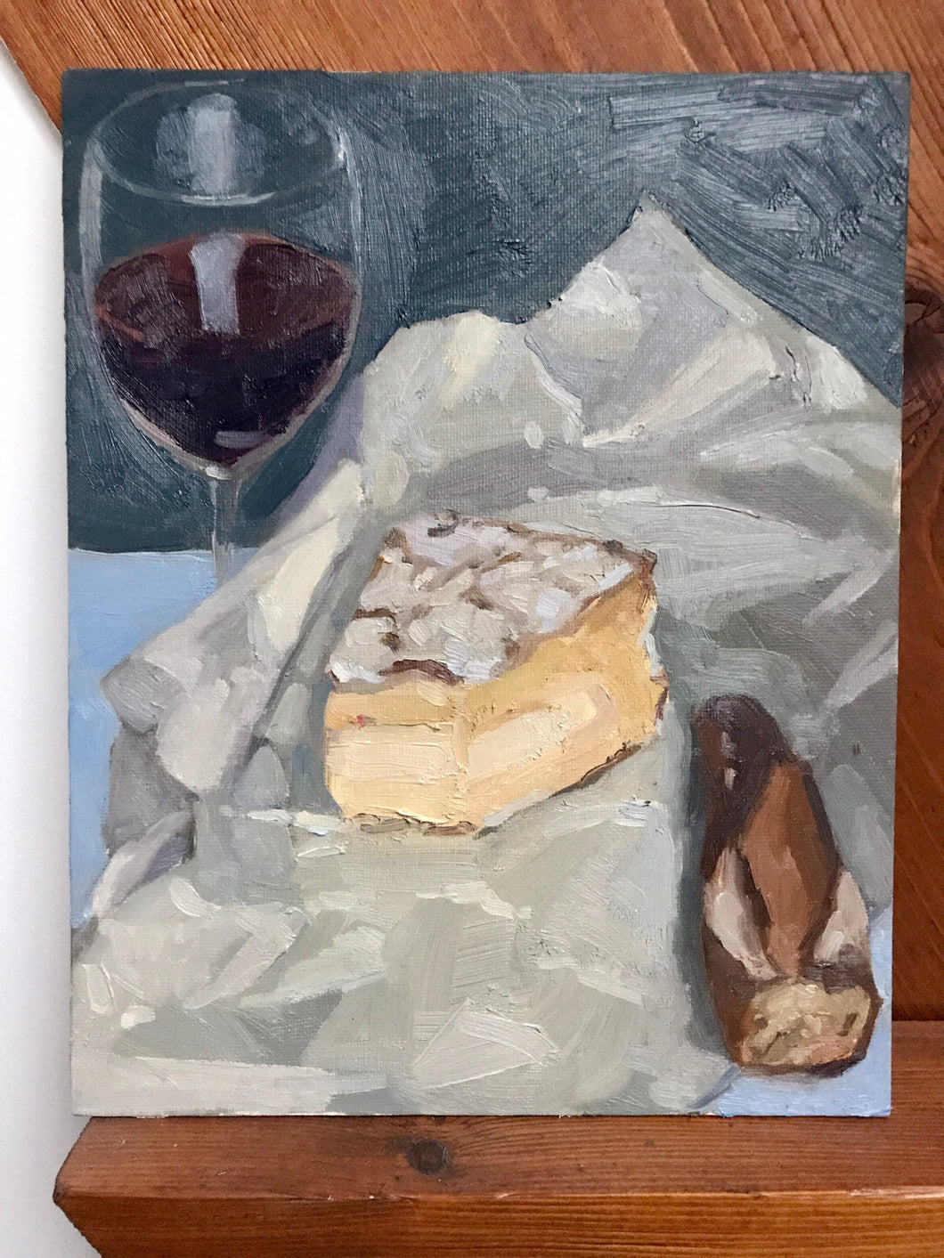 Food still life Oil painting Brie wine and cheese bread original oil painting on canvas