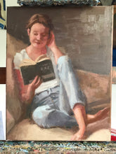 Load image into Gallery viewer, Portrait young woman reading a book on a couch original oil painting on canvas

