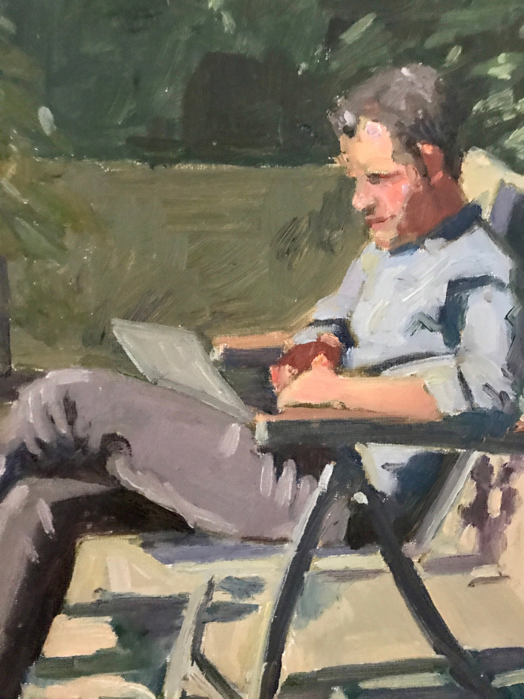 Oil painting Plein Air Portrait of a man working from home original art painting on canvas figurative art male portrait