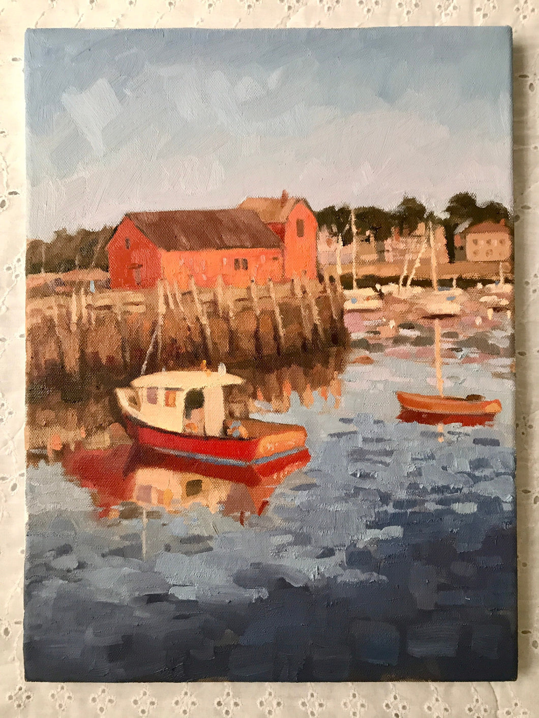 Rockport harbor oil painting original art Massachusetts landscape painting on canvas New England art boats seascape