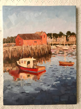Load image into Gallery viewer, Rockport harbor oil painting original art Massachusetts landscape painting on canvas New England art boats seascape
