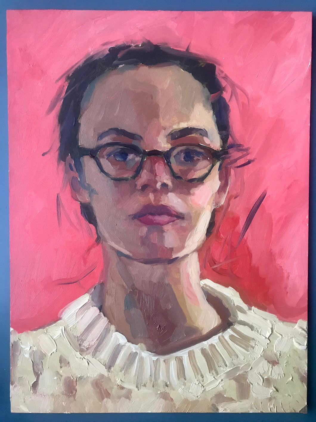 Original oil painting on panel Female portrait woman with glasses portraiture