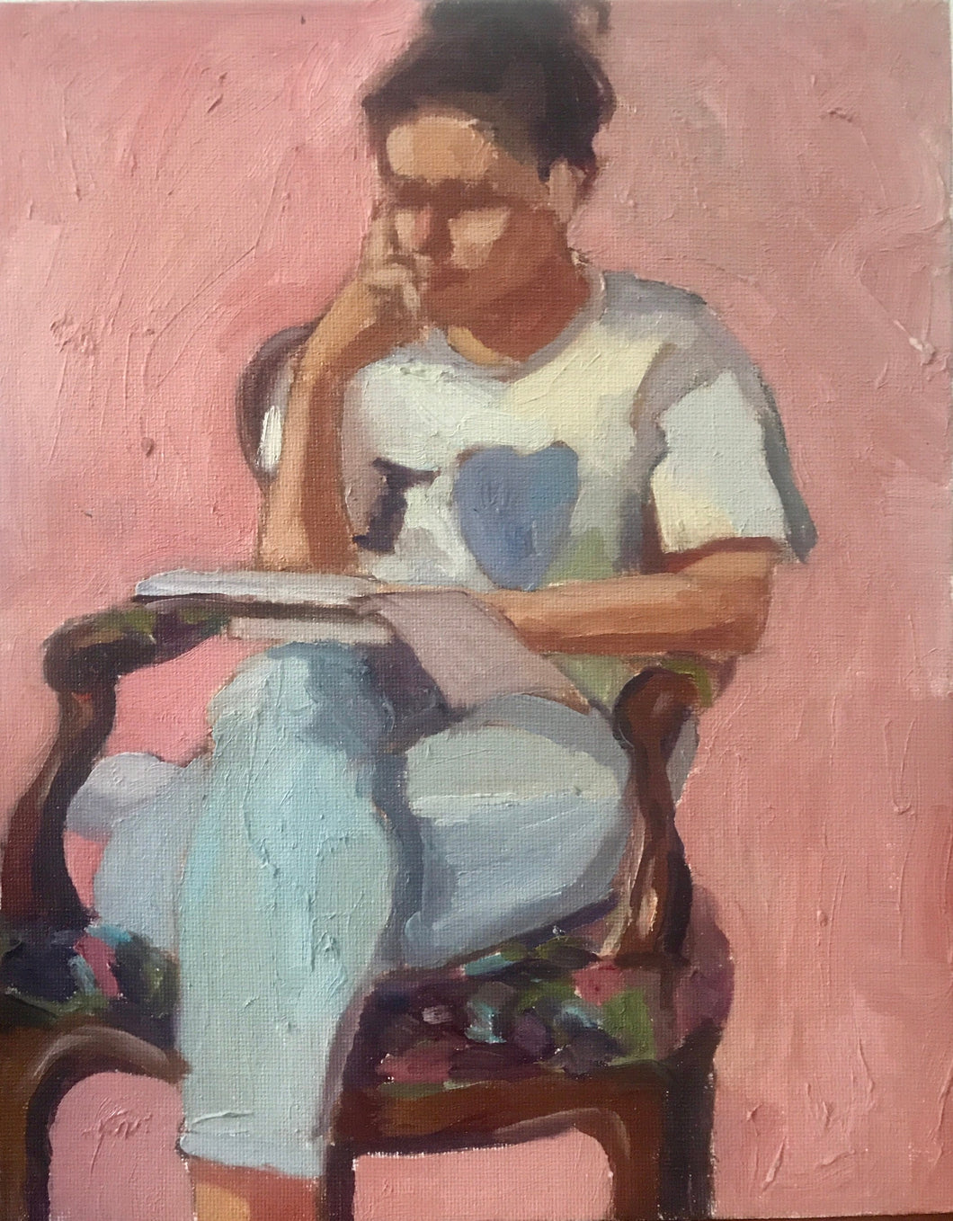 Original oil painting on panel woman reading sitting in armchair