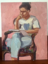 Load image into Gallery viewer, Original oil painting on panel woman reading sitting in armchair
