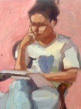 Load image into Gallery viewer, Original oil painting on panel woman reading sitting in armchair
