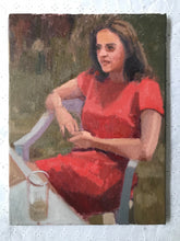 Load image into Gallery viewer, Portrait Sandra in red dress garden female portrait of a woman in garden wearing a red dress oil painting on canvas figure
