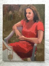 Load image into Gallery viewer, Portrait Sandra in red dress garden female portrait of a woman in garden wearing a red dress oil painting on canvas figure
