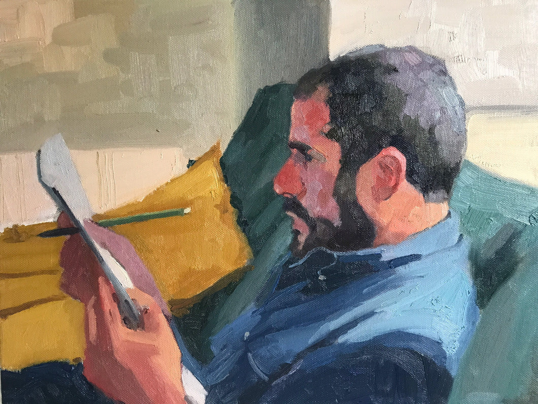 Profile male portrait painting on canvas oil paint portraiture man reading beard. Original portrait painting