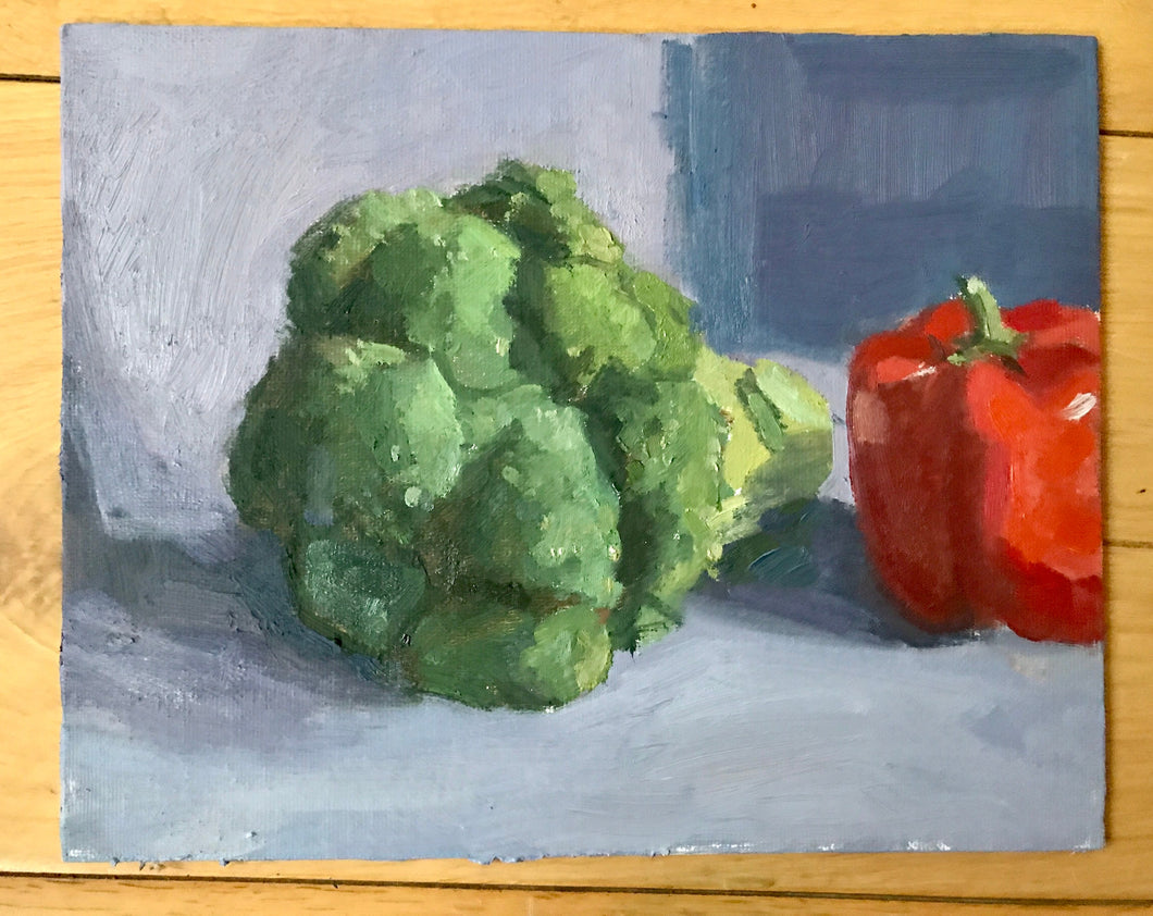 Still life Vegetables Oil painting on canvas broccoli and pepper