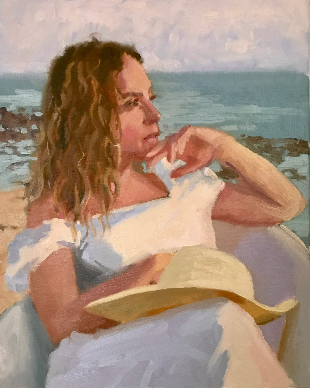 Profile female portrait painting on canvas oil paint portraiture woman in summer on the beach. Original portrait painting