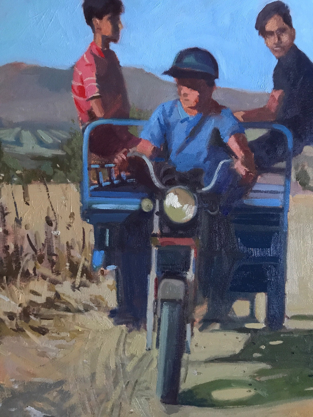 Oil painting on canvas Morocco landscape, farmers on a motorcycle in Meknes art