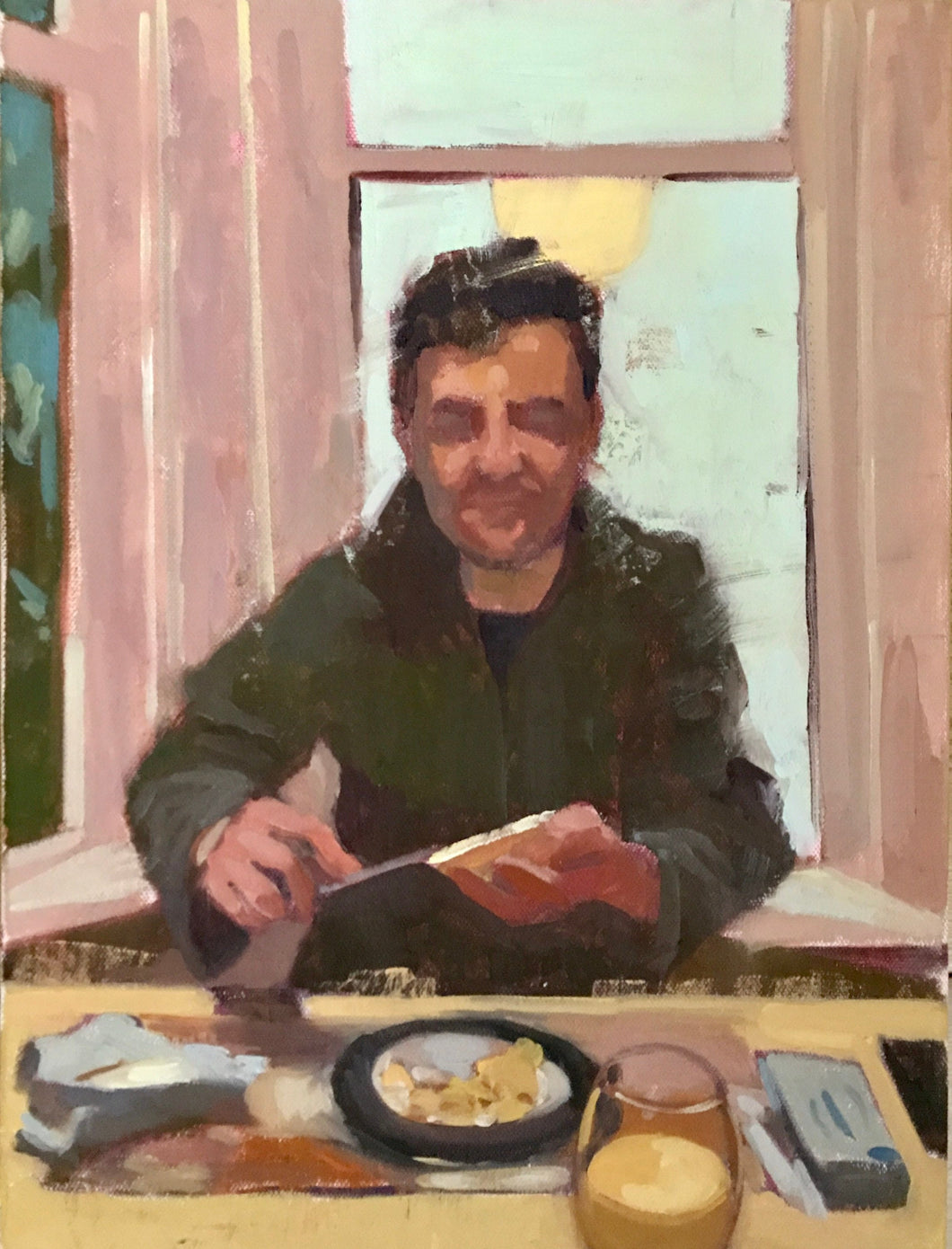 Male Portrait painting Breakfast portraiture oil painting on canvas man eating lunch art