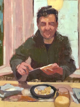 Load image into Gallery viewer, Male Portrait painting Breakfast portraiture oil painting on canvas man eating lunch art
